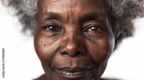 A close-up studio portrait captures the grace of a senior African American woman with grey hair, isolated on a white background, showcasing her timeless beauty.