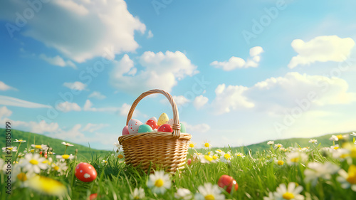 Colorful Easter eggs in a basket on a green meadow