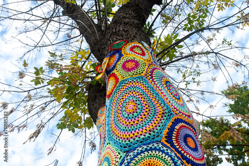 yarnbombing tree with baubles in the winter with blue sky background