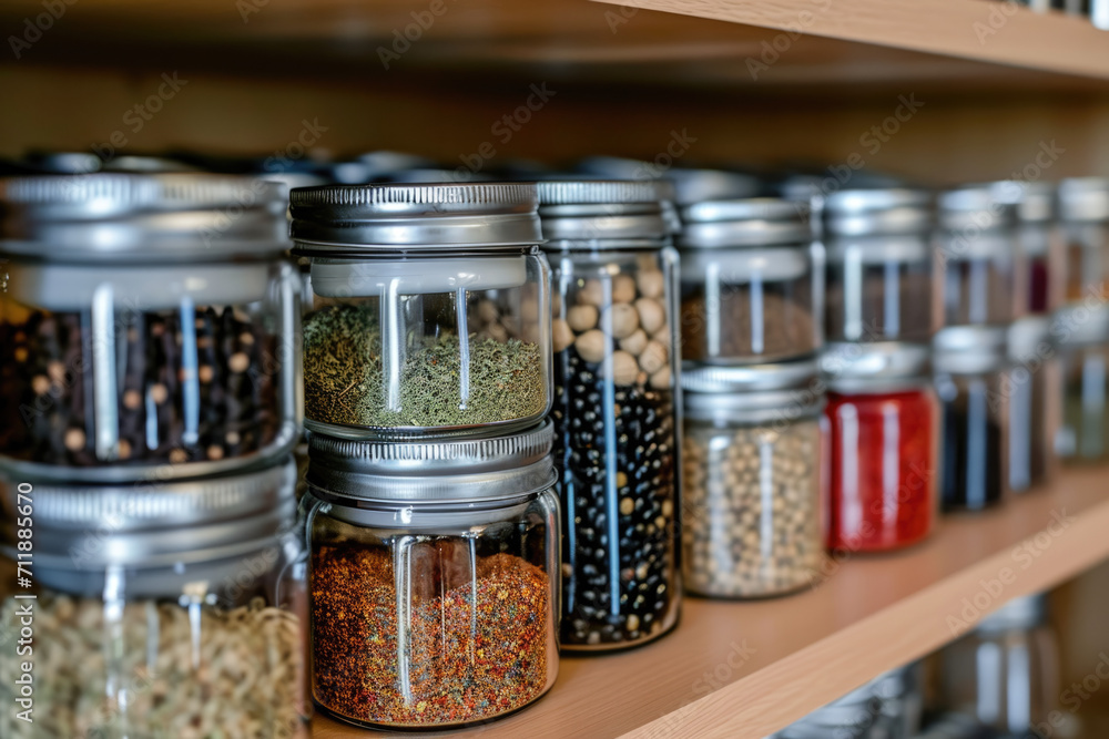 Close-up of a variety of spices and herbs in glass jars on a kitchen shelf. Close-up of a variety of spices and herbs in glass jars on a kitchen shelf.