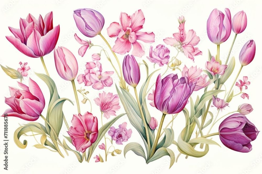 Watercolor depiction of magenta tulips, featuring various elements such as frames, wreaths, and borders. Represents a spring floral ornament. Generative AI