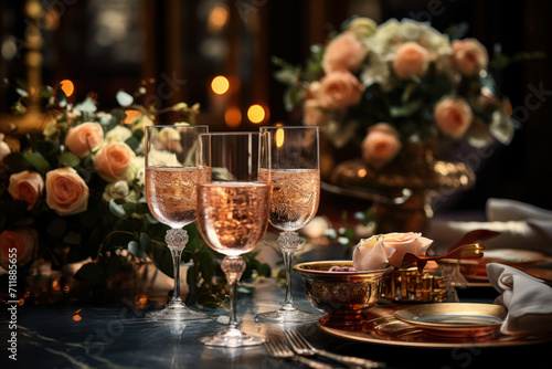 Classic glamour takes center stage as a group of friends usher in the New Year in a setting adorned with vintage flair, embodying the enduring allure of a quiet luxury aesthetic. Generative Ai.