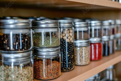 Close-up of a variety of spices and herbs in glass jars on a kitchen shelf.