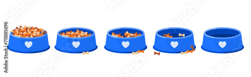 Pet dry food eating set, sequence game animation of eaten dogs treats. Animated steps collection of bowl with bone biscuit pile, plastic container half full and empty plate cartoon vector illustration