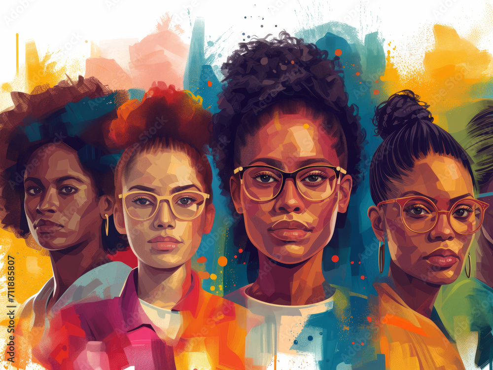 Fototapeta premium Black History Month colourful abstract illustration of Diverse representations of African-American woman across different fields like science, sports, literature, and business