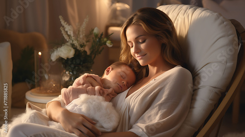A loving mother cradling her newborn in a rocking chair, surrounded by soft pillows and a cozy blanket, capturing a tender moment in realistic high definition