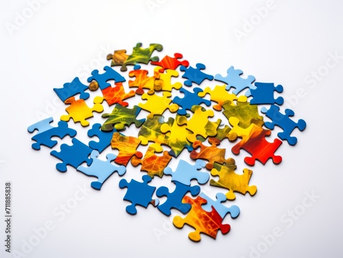 Colorful jigsaw puzzle pieces on white background, business solution concept