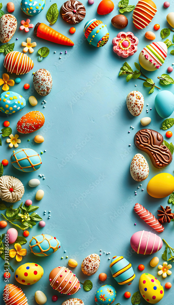 Easter frame from sweet chocolate treats for Easter on light blue background Easter frame from sweet chocolate treats for Easter on light blue background