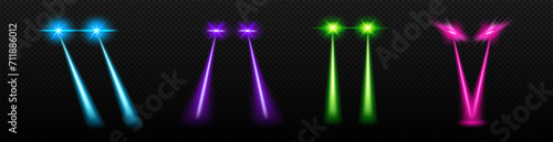 Laser color beams from eyes set. Dangerous purple light ferocious halloween evil and green robot monsters with blue devil rays scary vector creatures