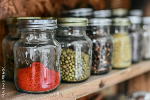Fototapeta Naklejka Na Ścianę i Meble -  Close-up of a variety of spices and herbs in glass jars on a kitchen shelf.