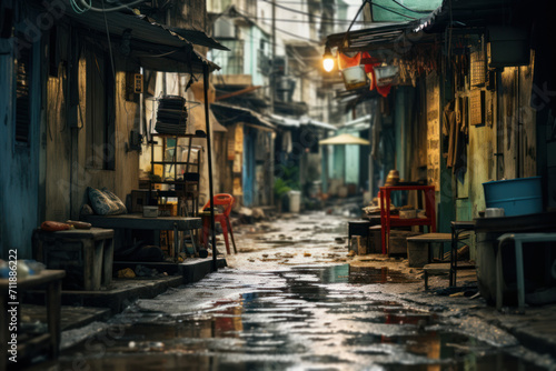 An impoverished urban alley, revealing the harsh realities of inequality and the struggles faced by marginalized members of society. Concept of urban disparity. Generative Ai.