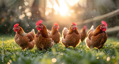 Brown colored hens flock and walk on grass in front of sunrise in style of lens flares, light brown and emerald, farm security administration aesthetics photo