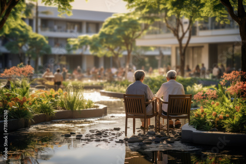 A serene retirement community, where seniors engage in leisurely activities, showcasing the importance of support structures for an aging population. Concept of senior well-being. Generative Ai.