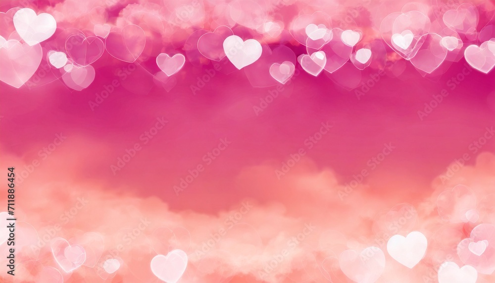 Horizontal banner with pink sky and clouds. header or voucher template with hearts. Rose