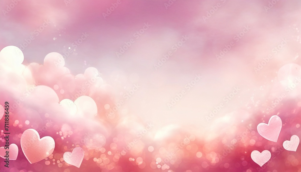 Horizontal banner with pink sky and clouds. header or voucher template with hearts. Rose