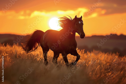 Black Friesian horse gallops on the hill in sunset photo