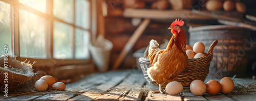 Chicken standing in front of eggs on an old wood floor in the style of golden light, some eggs is in a basket in farm cabincore, farm administration aesthetics concept photo