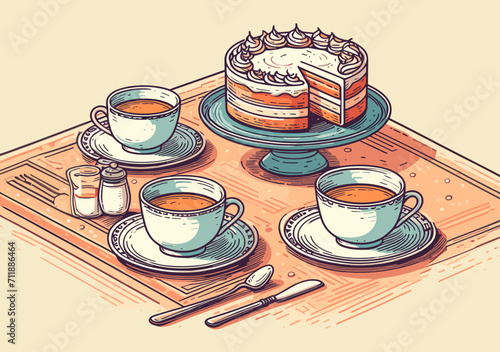 Three cups of tea and a birthday cake are on the table. Vector graphics in color