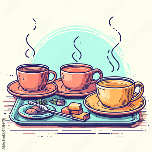 Three cups of tea and a birthday cake are on the table. Vector graphics in color