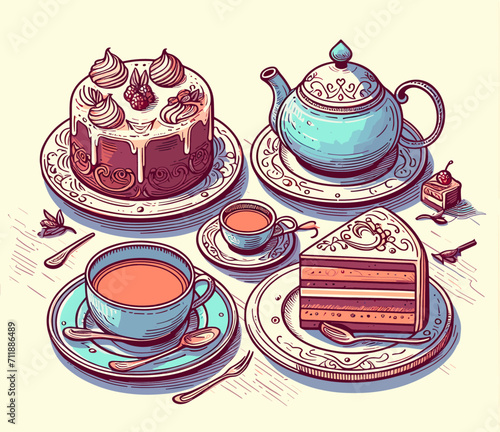 Three cups of tea and a birthday cake are on the table. Vector graphics in color