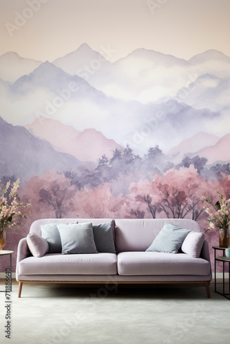 sofa in the living room wall paint with watercolor landsacpe, generative ai photo