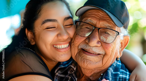A Latin girl hugging her elderly grandfather