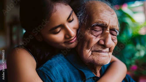 A Latin girl hugging her elderly grandfather