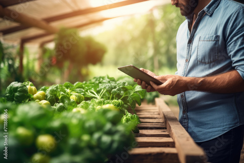 Close Up of a Young farmer using digital tablet inspecting fresh vegetable in organic farm. Agriculture technology and smart farming concept.  © Александр Марченко