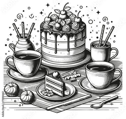 Three cups of tea and a birthday cake are on the table. Vector graphics in black and white