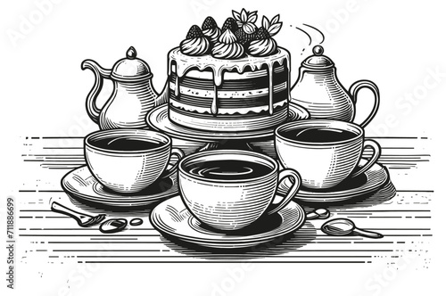 Three cups of tea and a birthday cake are on the table. Vector graphics in black and white