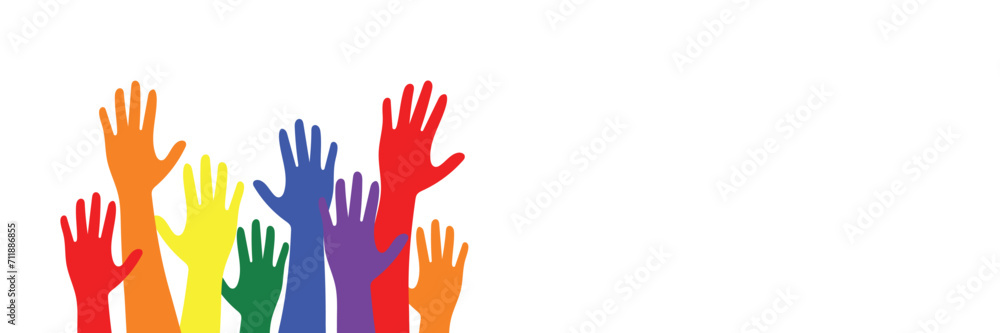 Banner of popular support and solidarity. LGBT pride. Hands up in solidarity, People of different races with palms up, Human Rights Day, rally. Multicolored silhouettes of people's hands, interracial 