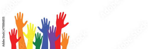 Banner of popular support and solidarity. LGBT pride. Hands up in solidarity, People of different races with palms up, Human Rights Day, rally. Multicolored silhouettes of people's hands, interracial 