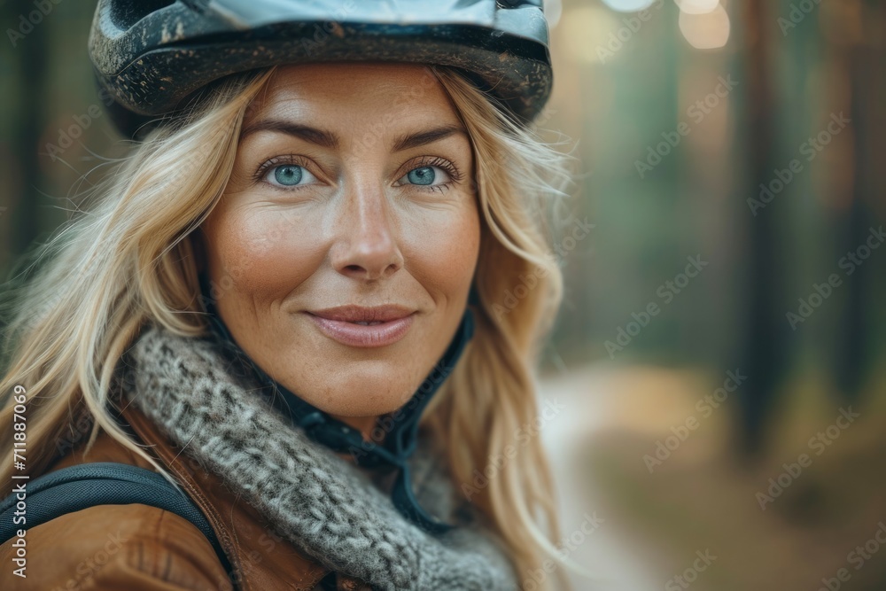 Woman in a bicycle helmet. Background with selective focus and copy space Woman in a bicycle helmet. Background with selective focus and copy space