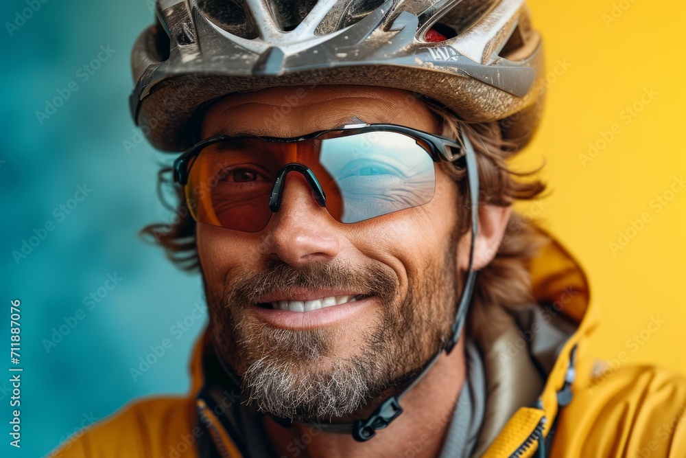 A man in a bicycle helmet. Background with selective focus and copy space A man in a bicycle helmet. Background with selective focus and copy space