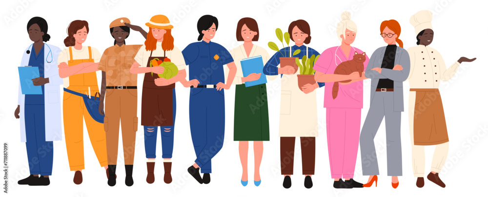 Women of different professions together vector illustration. Cartoon isolated many girls in professional clothes standing, woman judge and scientist, driver and flight attendant astronaut and ceramist