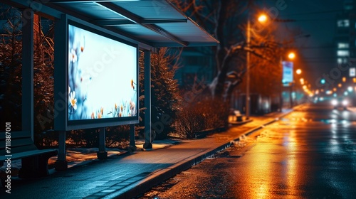 Rainy Night at a Bus Stop with an empty Flower Ad Billboard