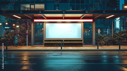 Nighttime City Bus Stop with Illuminated Blank Billboard Mockup photo