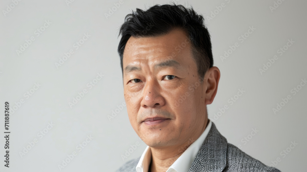 Closeup portrait of a chinese business man against a white studio background