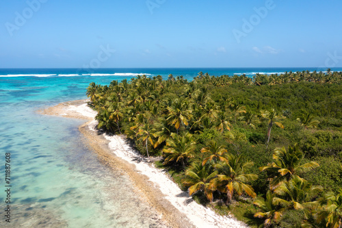 Bounty and prestine tropical beach with coconut palm trees and azure caribbean sea. Beautiful landscape. Aerial view