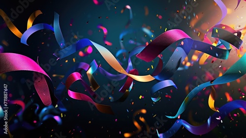 A dynamic arrangement of colorful ribbons twirling in the air against a dark background, creating a vibrant and festive atmosphere photo