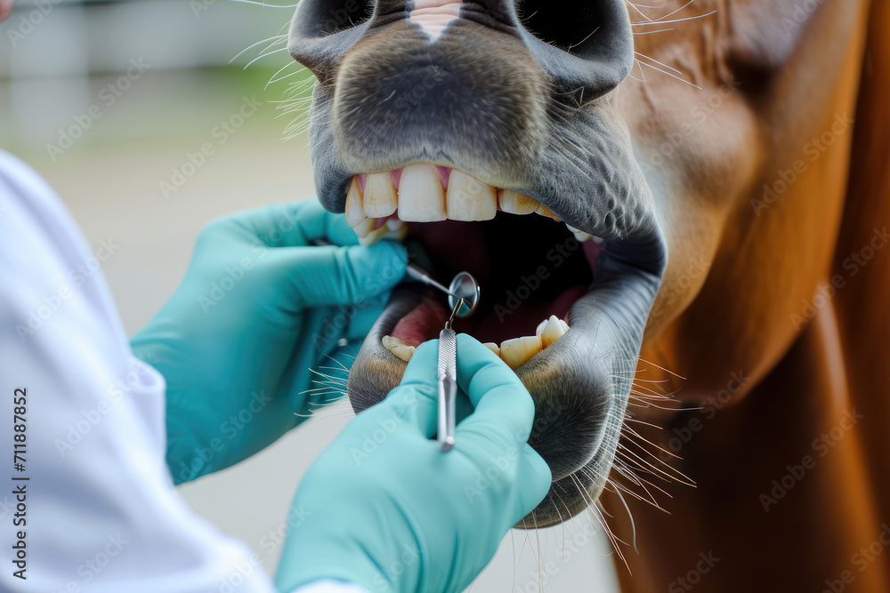 Horse being examined and having his teeth cleaned and floated by veterinary dentist