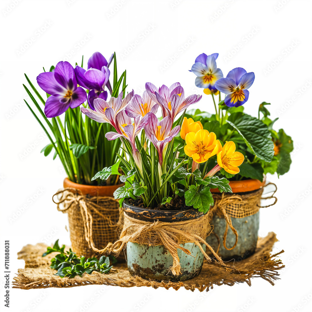 Colorful Potted Spring Flowers.  Rustic Floral Home Decor.