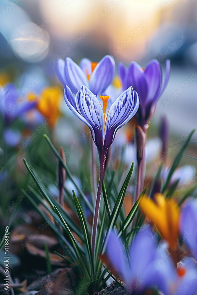 Fototapeta premium Purple Crocuses in Early Spring Twilight. soft focus, bokeh.