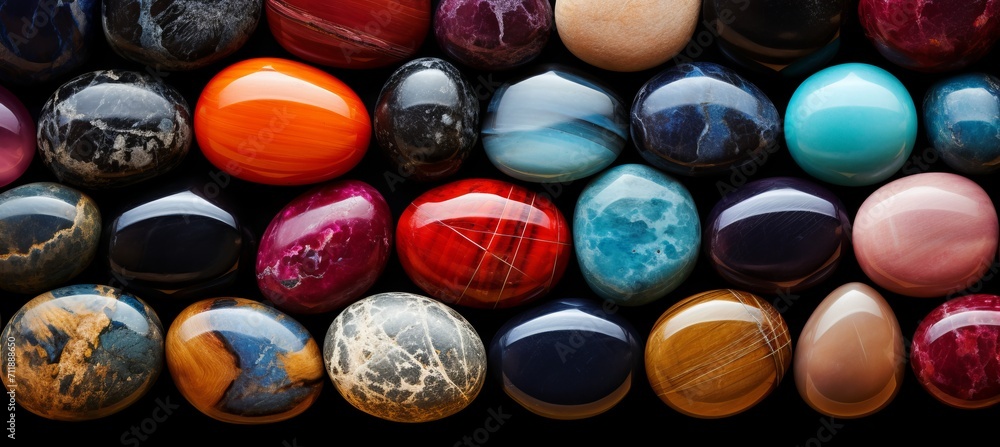 Vibrant and magical display of colorful gemstones on a mesmerizing black background Vibrant and magical display of colorful gemstones on a mesmerizing black background
