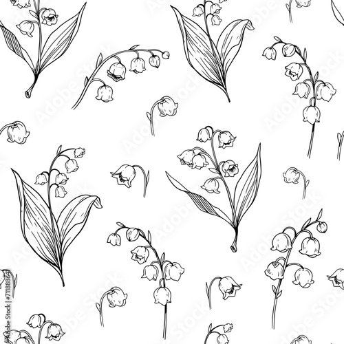 Lily of the valley flowers,  botanical illustrations, floral seamless pattern. Hand drawn vector sketches