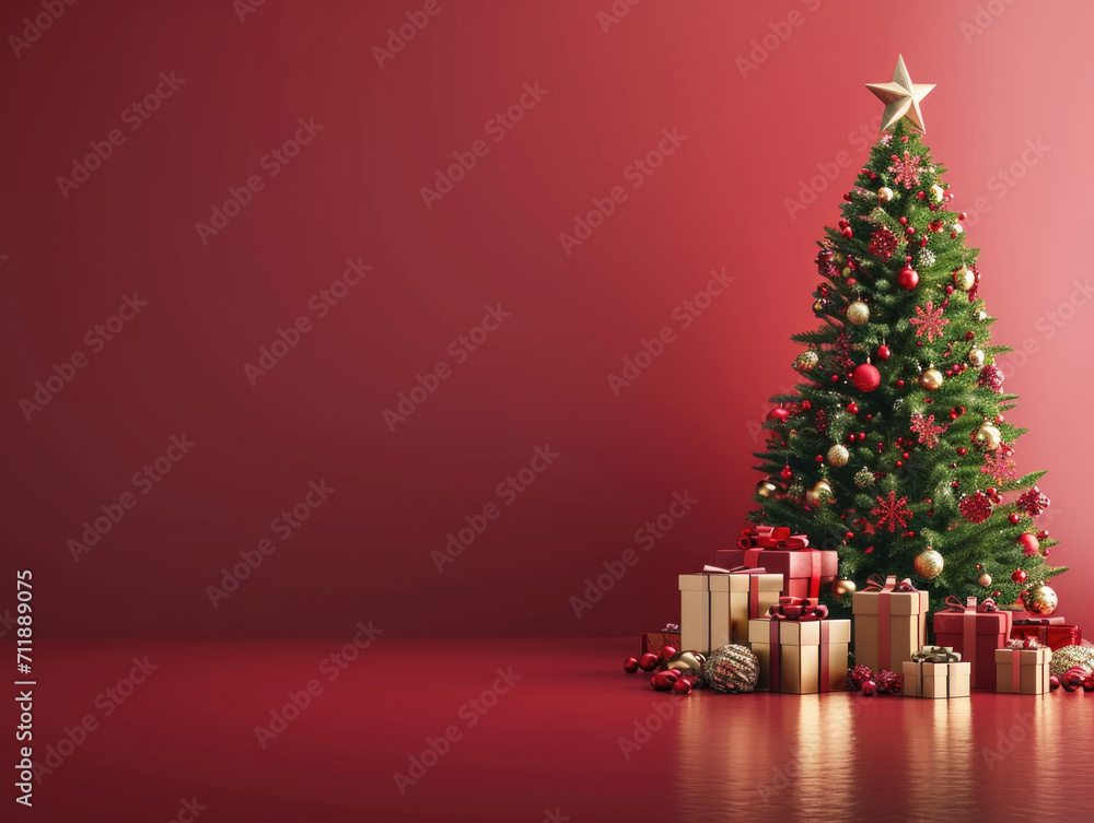 minimalistic Christmas tree and gift boxes against a Christmas backdrop. minimalistic Christmas tree and gift boxes against a Christmas backdrop.
