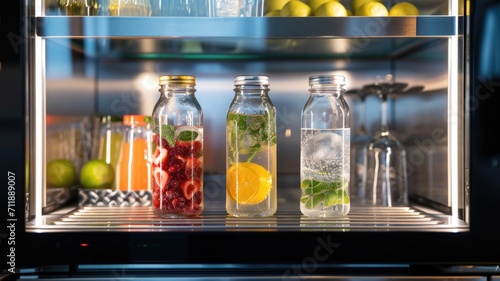 cold non-alcoholic drinks are poured into bottles standing in a row in the refrigerator of the bar. Break from drinking alcohol