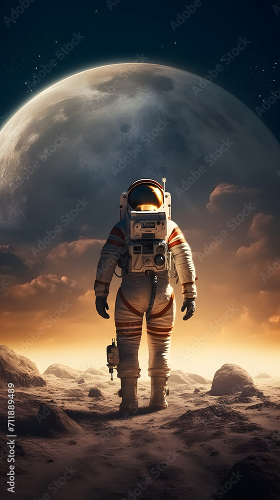 An astronaut walks in his space suit on a distant planet. Outer space An astronaut walks in his space suit on a distant planet. Outer space