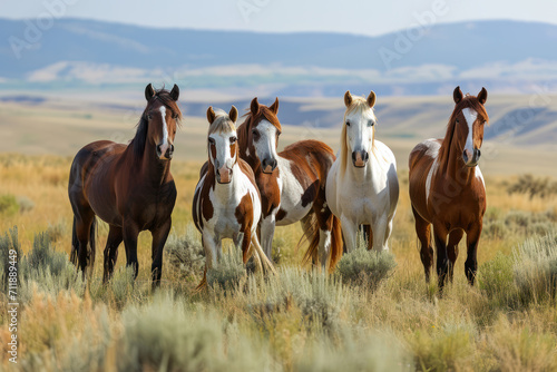 These paint pinto horses mustangs herd band gather for protection in wild mustang horse country range in desert badlands sagebrush of Wyoming photo