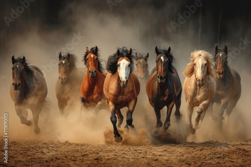 Horse herd portrait run fast against dark sky in dust